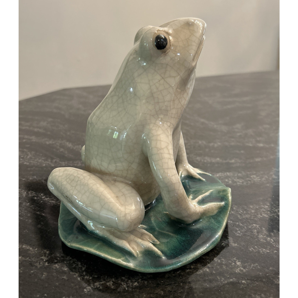 Vintage White Crackle Glaze Pottery Frog Figurine on Green Lily Pad 6x6.5”